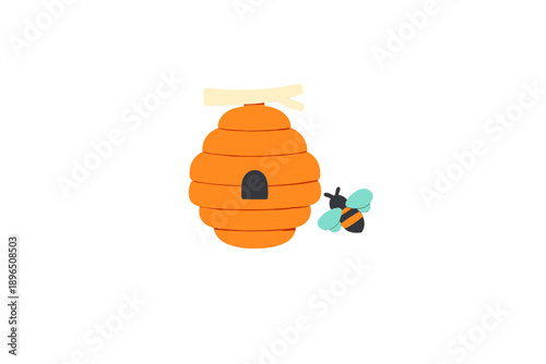 Colorful bee hive and bee on a white background showing a simple design for children's art or educational purposes