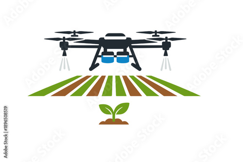 Drone sprays water over a field of crops with rows of green plants and brown soil in an agricultural setting during daytime