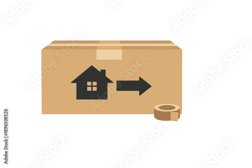 Moving box with house symbol indicating relocation process in preparation for a new home setting at an unspecified time
