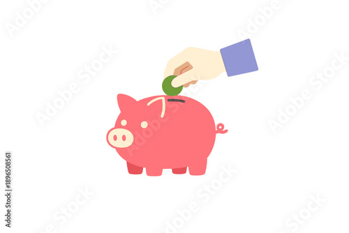 Person puts coin into pink piggy bank to save money in a simple and clear way during daytime