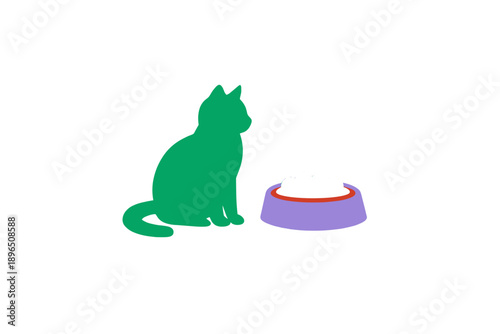 Green cat sits next to purple food bowl filled with white food on a plain background