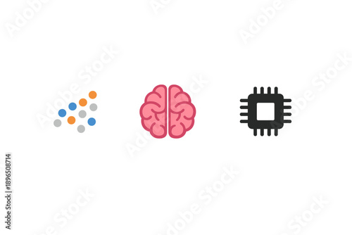 Illustration showing three symbols representing data, human brain, and computer chip, highlighting the connection between technology and cognitive processes