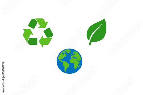 Symbols of environmental protection with a recycling symbol, a leaf, and a globe in green and blue colors