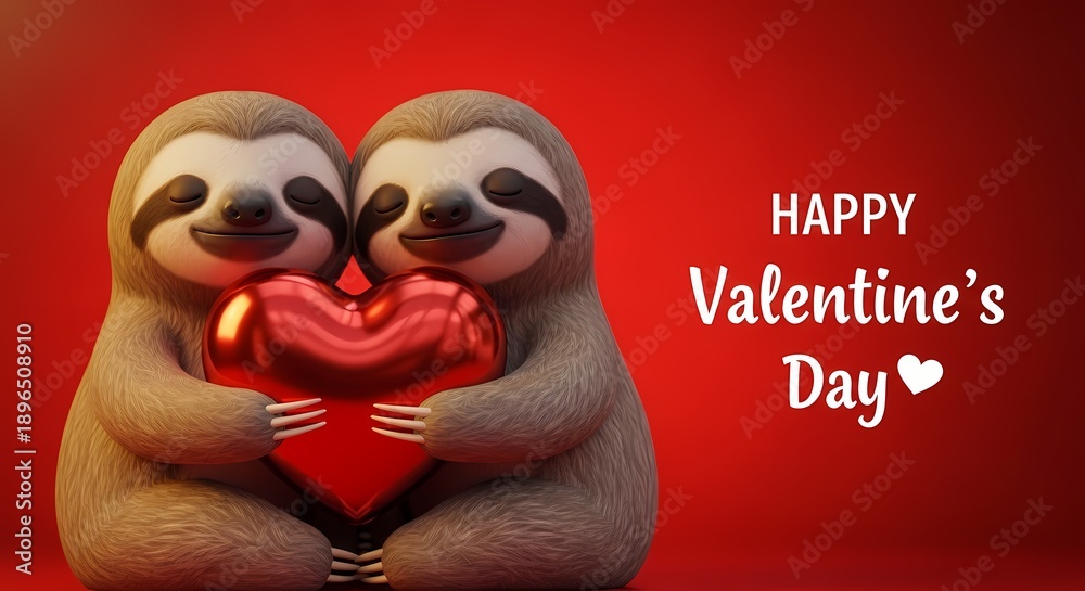 Fototapeta premium Sloth couple holding red heart Valentine's Day gift romantic love celebration cute animals red background happy holiday