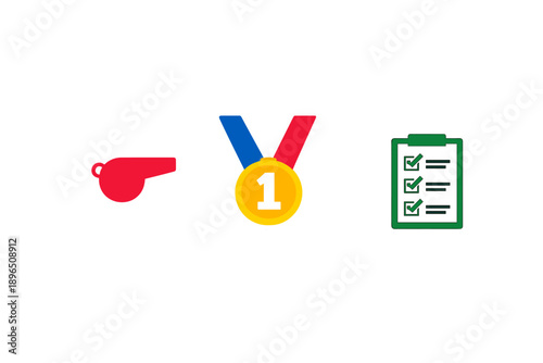Whistle, medal, and checklist symbols used to represent sports achievements and event organization in various activities