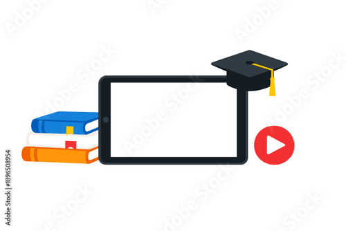 Online learning tool shows tablet with books and graduation cap next to play button for video learning