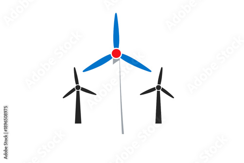 Wind turbines generate energy in a wind farm with three turbine designs in a simple layout