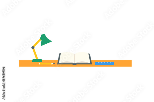 Desk with an open book, a pencil, a ruler, and a desk lamp at study space in a home or office during daytime hours