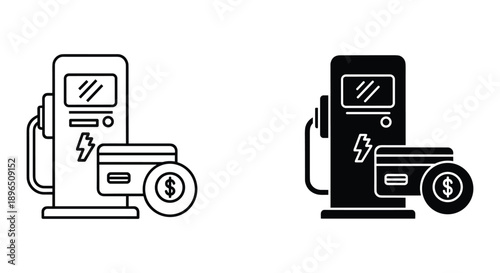 Electric car charging station with payment terminal and coins flat vector illustration isolated on white background