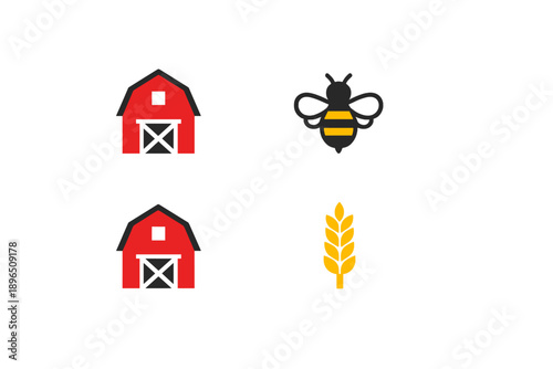Farm scene includes red barns, a bee, and wheat, depicting farming life and agricultural activities at a rural location