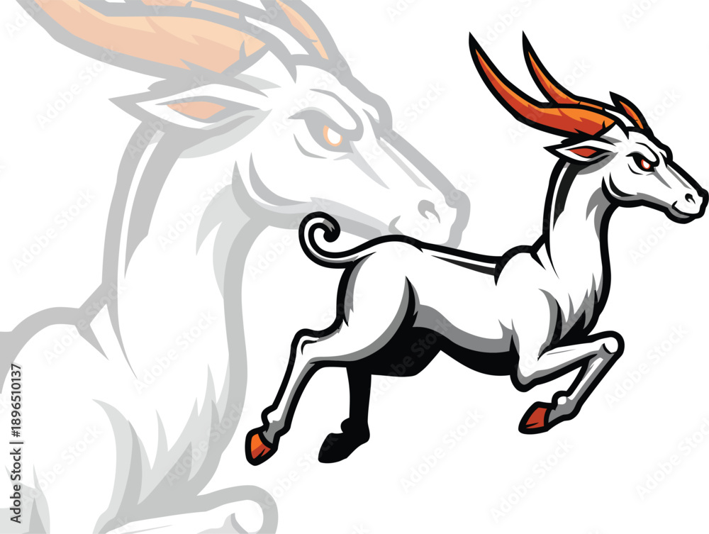 Obraz premium Dynamic White Antelope Mascot Leaping Forward with Fiery Orange Horns