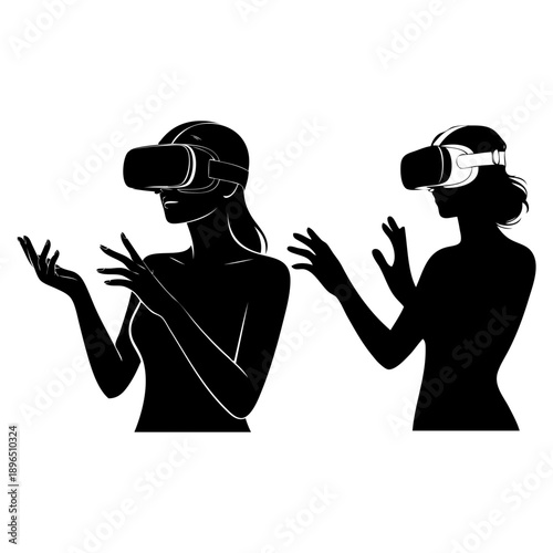 Two women exploring virtual reality with immersive vr headsets and interactive hand gestures