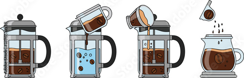 French press coffee brewing instructional guide with step‑by‑step preparation and serving process, vector artwork