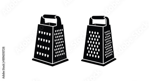 Two black box graters displayed against a white background silhouette