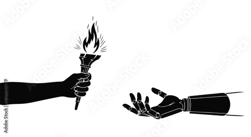 Human hand holding torch reaching out to robotic hand
