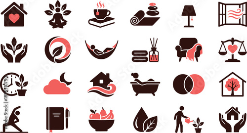 Collection of icons representing human connection and lifestyle elements in a modern, simplified design style from a straightforward, graphic viewpoint.