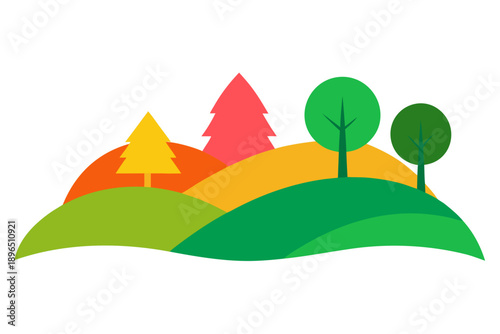 Symmetrical Hills and Trees in Bright Colors on White Background