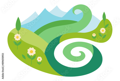 Swirling Valley of Wildflowers in Spring on White Background