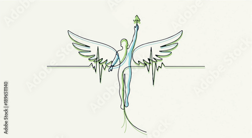 Stylized winged figure with ECG heartbeat line