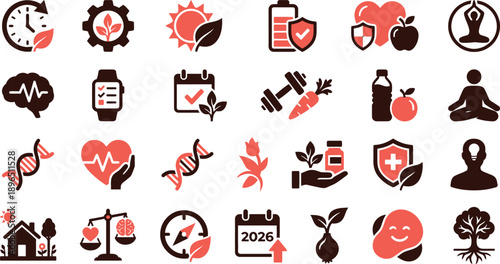 Daily habits and wellness icons set showcasing longevity and healthy lifestyle choices in a modern, monochrome illustration style with red accents viewed from a straightforward perspective.