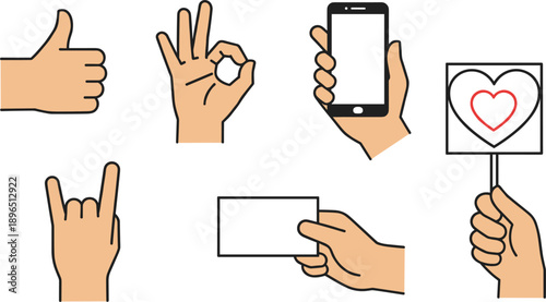 Hand Gesture Illustration Set with Thumbs Up OK Sign Smartphone Card and Heart Placard Isolated on White Background