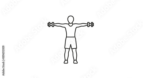 Stick Figure Man Exercising with Dumbbells, Stretching Arms Out in Fitness Workout, isolated white background.