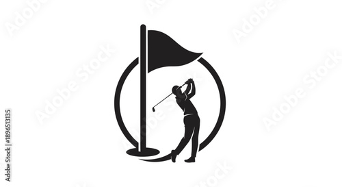 Golfer Swinging Club with Golf Flag on Green Course, Sporty Logo Design, isolated white background.