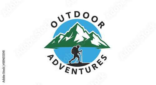 Outdoor Adventures Hiking Logo with Mountain Landscape and Hiker Silhouette, isolated white background.