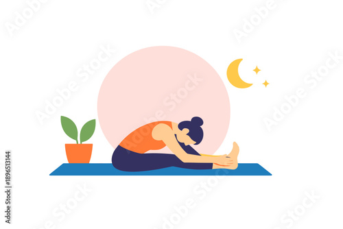 Woman practicing yoga at home in evening time with a plant and moon in background