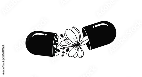 Black capsule with flower and seeds spilling out