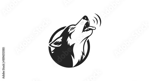 Howling Wolf Head Logo with Sound Waves in Black and White, isolated white background.