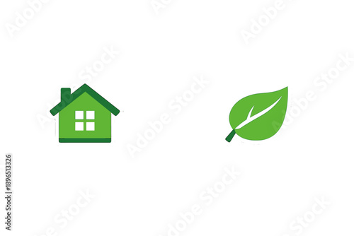 Green house and leaf symbols show eco-friendly concepts and ideas about sustainability and nature in a simple design