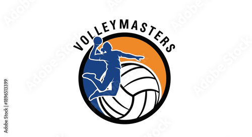 Dynamic volleyball player silhouette jumping to spike ball logo for 'VOLLEYMASTERS', isolated white background.