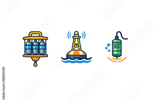 Different types of underwater equipment for ocean exploration and monitoring shown in a simple design layout