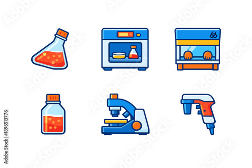 Various lab equipment and tools are displayed including flasks, a microwave, a microscope, and a spray gun, showing different ways to conduct experiments in a laboratory setting
