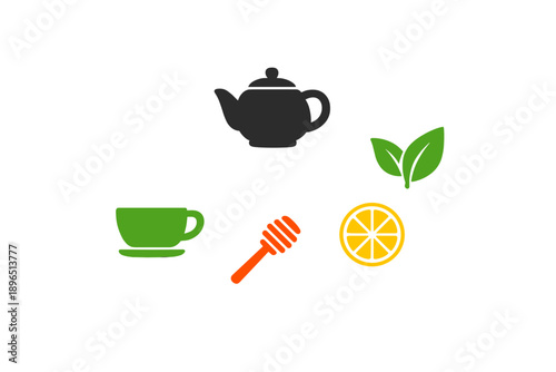 Enjoying a comforting tea experience with a teapot, cup, honey, lemon, and fresh leaves on a simple background at home