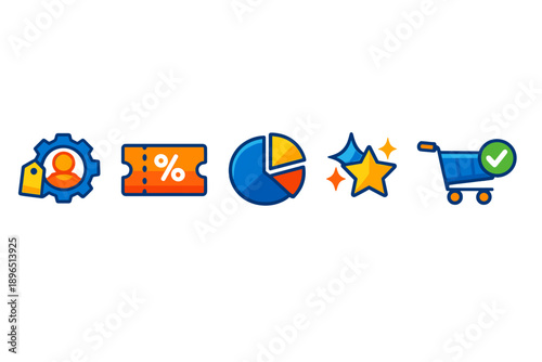 Different symbols representing shopping, discounts, and data analysis in a digital format used in marketing and business activities