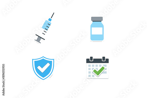 Health measures include vaccination symbols showing syringe, vaccine vial, shield for protection, and calendar for scheduling on white background