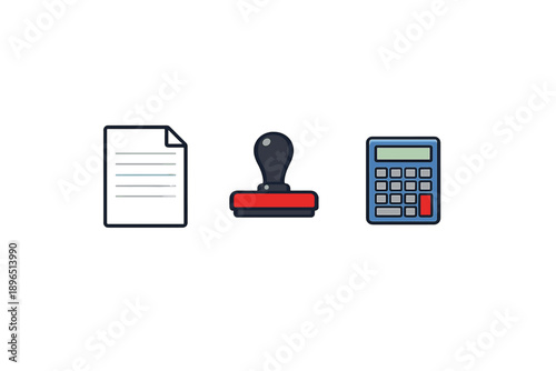 Collection of office tools including a document, a stamp, and a calculator during a work task in an office setting in the daytime