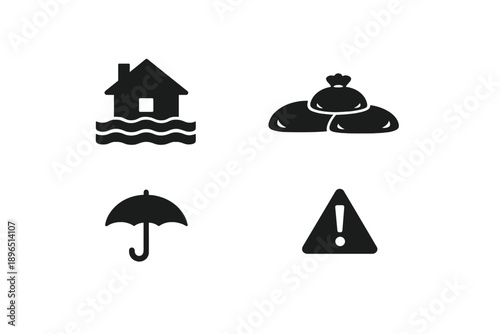 Flood risk icon set showing house in water, bags of money, umbrella, and warning sign related to safety measures and preparedness