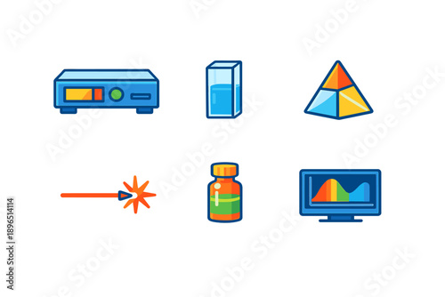 Collection of simple icons showing technology and science items used in experiments and presentations at a school or lab setting during daytime hours