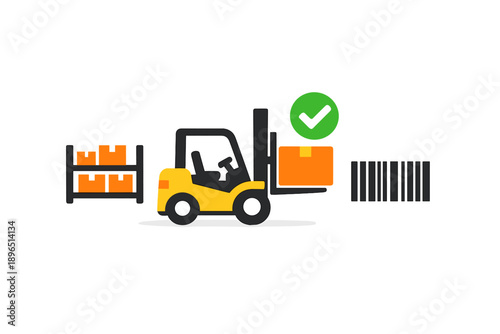 Forklift moves box to shelf in warehouse during a busy workday with barcodes for inventory management and tracking items efficiently