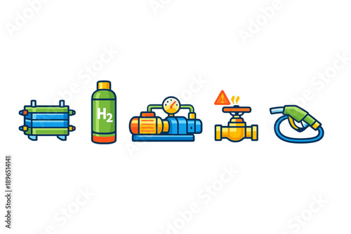 Various items related to hydrogen production and management shown in different forms including tanks, valves, and compressors on a plain background