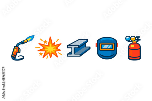 Welding tools and materials show gas torch, explosion, steel beam, welding helmet, and gas cylinder in a workshop setting during the daytime
