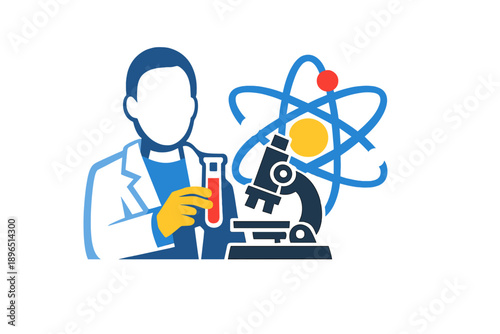 Scientist holding test tube next to microscope and atomic structure model in laboratory setting during daytime