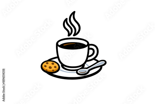 Cup of coffee with steam rising and a round cookie on a small plate beside a spoon, situated on a plain background during a casual morning snack time