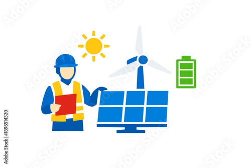 Worker inspects solar panels and wind turbine in renewable energy project during bright day