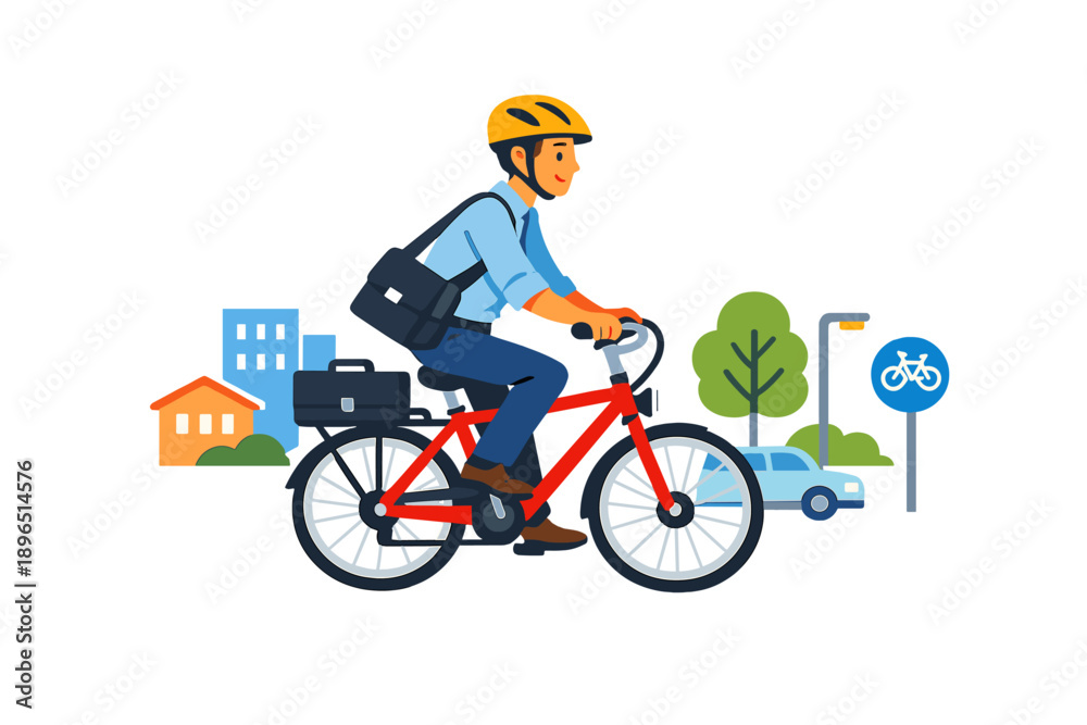 Obraz premium Rider on a red bicycle travels through a city area with buildings and trees during daytime