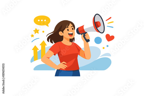 Woman using a megaphone to express ideas and connect with people, showing enthusiasm and energy in a creative setting