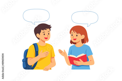 Young people talk in a classroom while one holds a book and the other has a backpack on a weekday afternoon